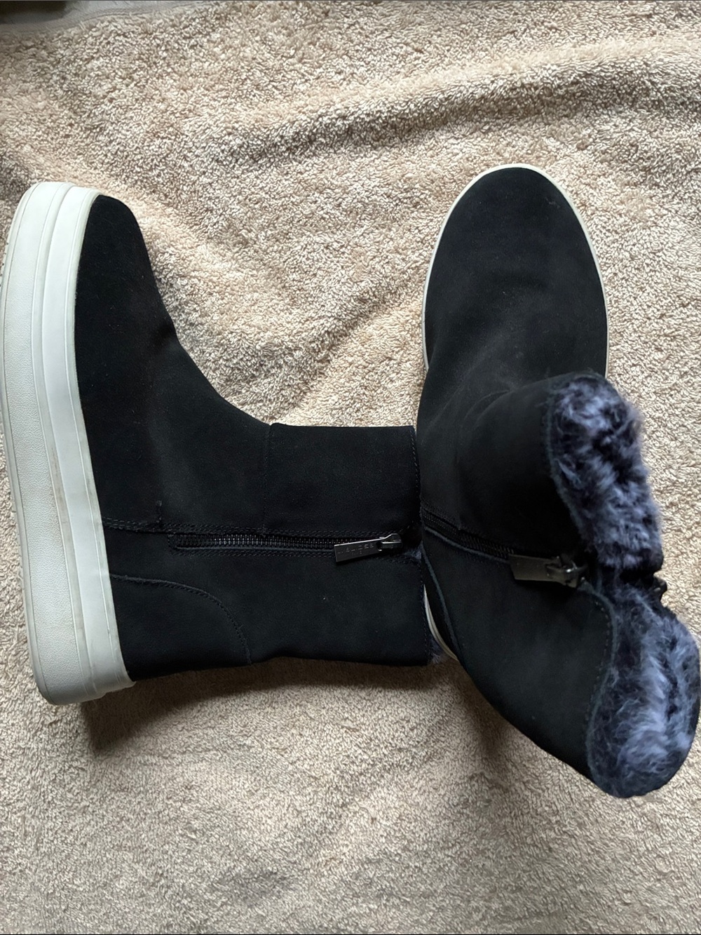 J Slides 8.5  Black Suede Fur-Lined Zip Ankle Booties with White Platform Sole